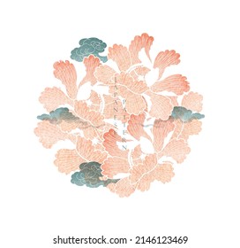 Japanese background with watercolor texture vector. Peony  flower and chinese wave decorations in vintage style. Art natural banner design. 