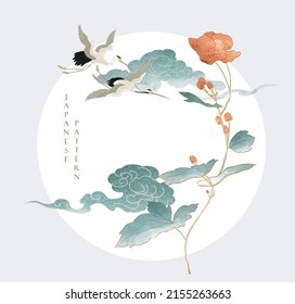 Japanese background with watercolor texture vector. Flower and chinese cloud decorations in vintage style. Abstract art landscape card design. Circle shape with crane birds element.