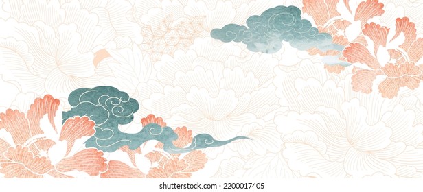 Japanese background with watercolor texture vector. Peony  flower and chinese wave decorations with geometric pattern in vintage style. Art landscape banner design. 