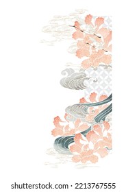 Japanese background with watercolor texture vector. Peony  flower and chinese wave decorations with crane birds in vintage style. Abstract art landscape banner design