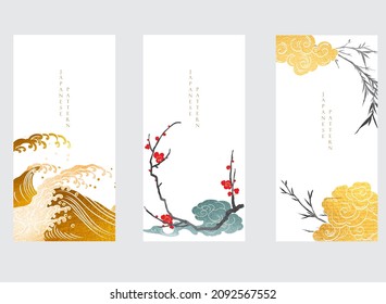 Japanese background with watercolor vector. Flower branch, bamboo leaf and cloud decoration with floral pattern illustration in vintage style. Gold and black texture element card design.