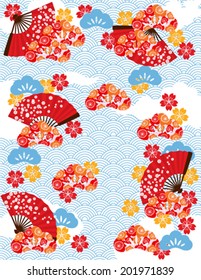 Japanese background with wave pattern and fans