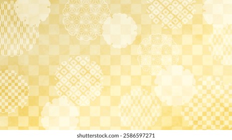 Japanese background: yellow checkered pattern with snowflake pattern