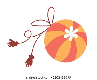 Japanese Ball With Thread Icon. Yellow Red Sphere On Elastic Band With White Abstract Pattern. Toy, Activity And Hobby, Childrens Entertainment. Poster Or Banner. Cartoon Flat Vector Illustration