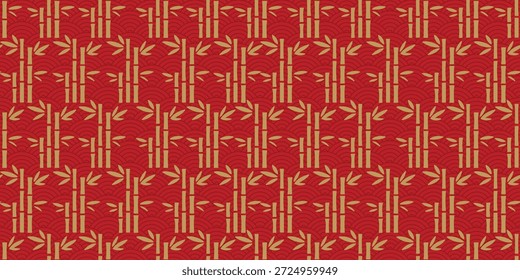 Ramas de bambú japonés sin patrón sobre fondo rojo. Patrón sin fisuras con ramas de bambú Grandes y Pequeñas sobre fondo rojo. Diseño tradicional japonés para impresión textil y patrones de superficie.