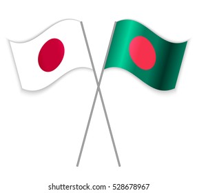 Japanese and Bangladeshi crossed flags. Japan combined with Bangladesh isolated on white. Language learning, international business or travel concept.