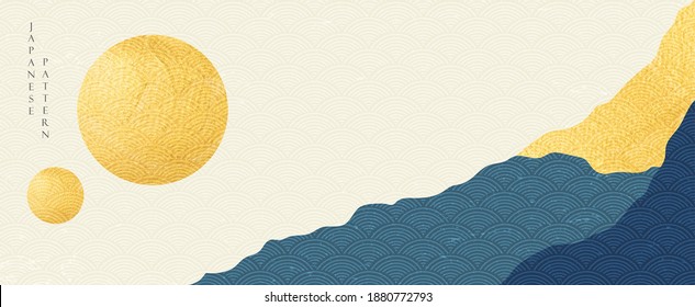 Japanese banner with abstract landscape background vector. Oriental template with gold foil texture in vintage style.