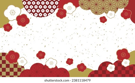 Japanese banner background with red pattern, cloud pattern, gold leaf and plum blossoms