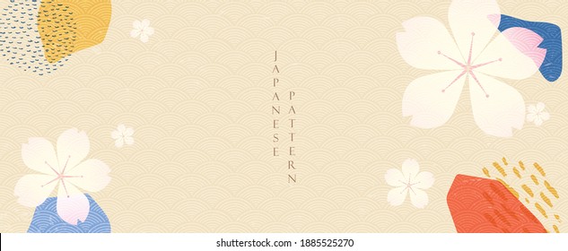 Japanese banner with cherry blossom flower vector. Abstract elements with geometric pattern in vintage style.