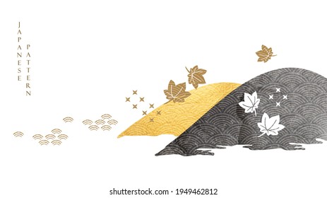 Japanese banner design with gold and black texture vector. Art landscape background with leaves and wave decoration in vintage style.