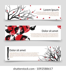 Japanese banner or poster templates. Asian banners with vector sakura and fishes illustration