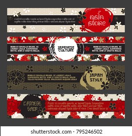 Japanese Banner Templates Set. Asian Culture Squama and Sakura Blossom Patterns. Vector Horizontal Banners, Website Headers Design With Inked Circles. Use for Japan Restaurant Menu, Wedding Cards