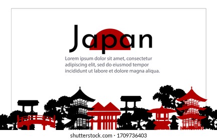 Japanese banner of traditional buildings. Vector black and white illustration. Banner for travel, invitations and advertising.