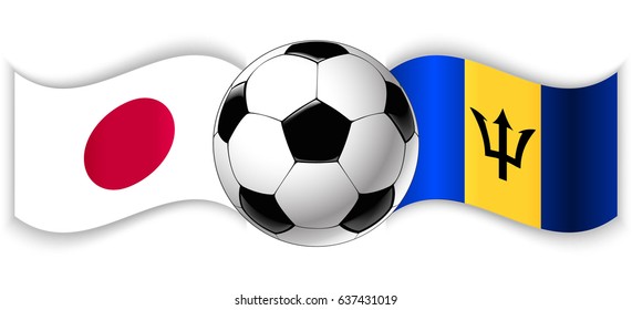 Japanese and Barbadian wavy flags with football ball. Japan combined with Barbados isolated on white. Football match or international sport competition concept.