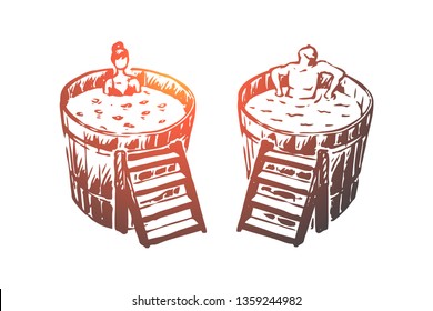 Japanese, bath, spa, people, relax concept. Hand drawn people relax in Japanese bath concept sketch. Isolated vector illustration.