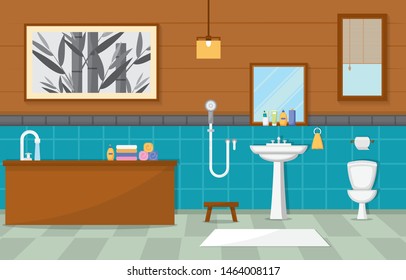 Japanese Bathroom Residential Traditional Style Wood Accent Interior Illustration