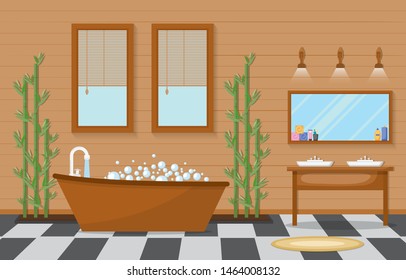 Japanese Bathroom Residential Traditional Style Wood Accent Interior Illustration