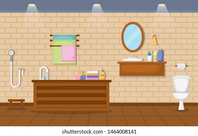 Japanese Bathroom Residential Traditional Style Wood Accent Interior Illustration