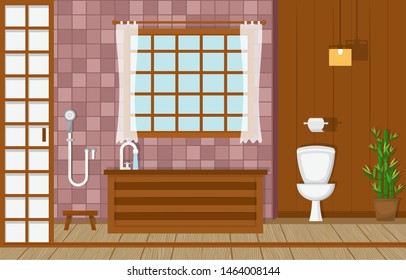 Japanese Bathroom Residential Traditional Style Wood Accent Interior Illustration