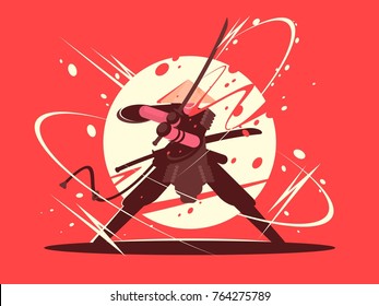 Japanese Battle Samurai With Katana. National Martial Arts. Vector Illustration