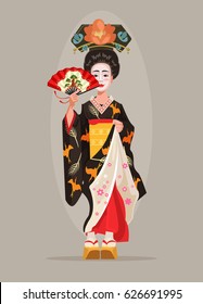 Japanese beautiful geisha character hold fan. Vector flat cartoon illustration