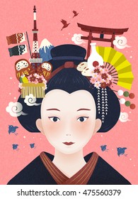 Japanese beautiful geisha, landmarks and hair accessories on her head