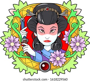 japanese beautiful geisha with a sword in his hand, cute illustration