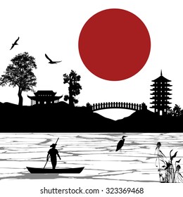 Japanese beautiful landscape poster, vector illustration