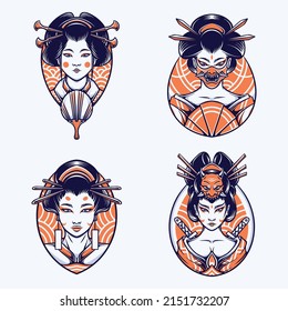 japanese beauty geisha vector set 