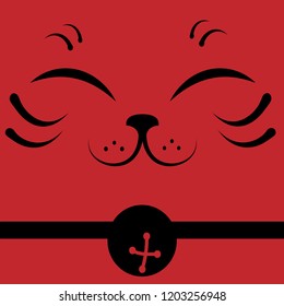 Japanese beckoning cat face close up on red background, Maneki Neko, vector illustration