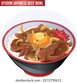 Japanese Beef Bowl Gyudon Illustration. Steamed Rice Topped with Beef, Simmered Onions, Beni Shoga, Raw Egg and Scallions. 