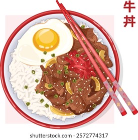 Japanese Beef Bowl Top View with Chopsticks. Rice Topped with Beef, Simmered Onions, Egg, Sesame, Beni Shoga and Scallions Toppings. Gyudon Bowl Detailed Illustration 