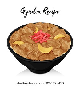 Japanese beef donburi recipe (gyudon) illustration vector.