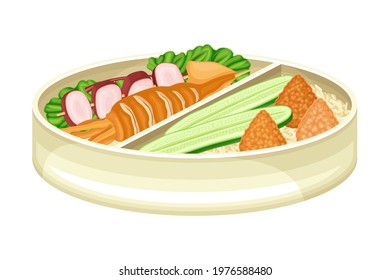 Japanese Bento Box as Take-out Meal with Rice Vector Illustration