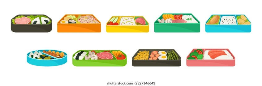 Japanese Bento Colorful Food Box as Ready Meal Vector Set