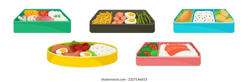 Japanese Bento Colorful Food Box as Ready Meal Vector Set