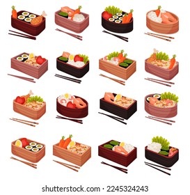 Japanese bento lunch boxes and chopsticks set. Box of noodles, rice, salmon fish, shrimps, vegetables and egg cartoon vector