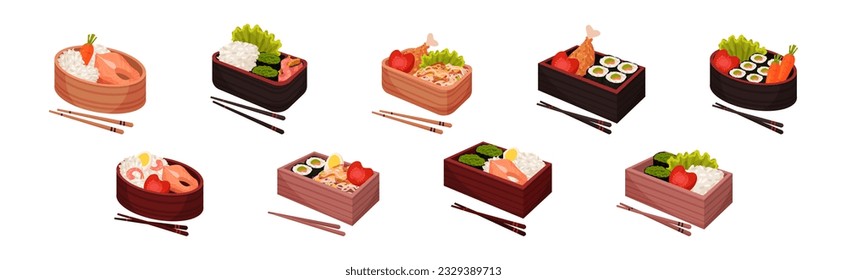 Japanese Bento Wooden Lunch Boxes and Chopsticks Vector Set