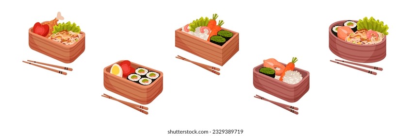 Japanese Bento Wooden Lunch Boxes and Chopsticks Vector Set