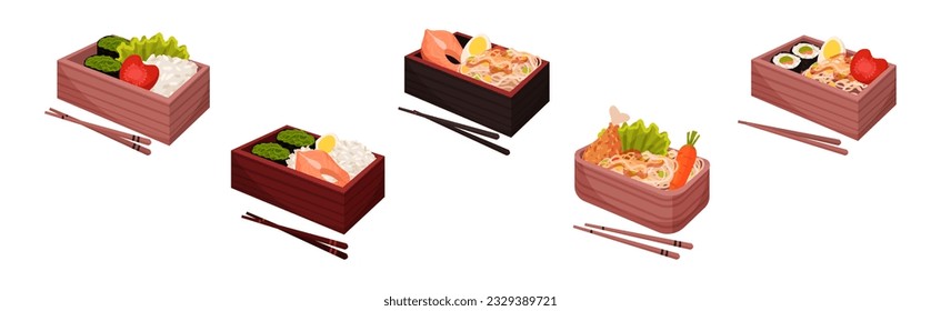 Japanese Bento Wooden Lunch Boxes and Chopsticks Vector Set