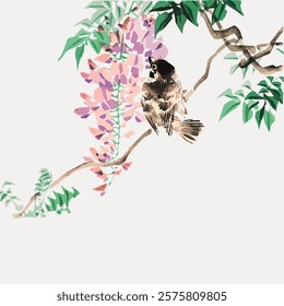 Japanese bird and flower, isolated vector element. Pink floral plant cut out vector. Vintage pink botanical art drawing illustration, old painting art print of pink flower.