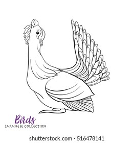 Japanese birds. Stock line vector illustration. Coloring book for adult. Outline drawing coloring page.