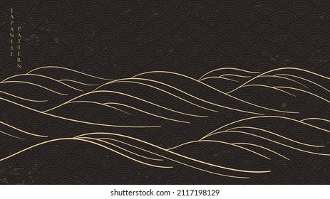 Japanese black background with Gold line wave texture in vintage style vector. Abstract art pattern. Template and banner design in oriental style.