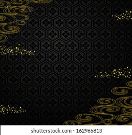 Japanese Black Background With Golden Powder And River.