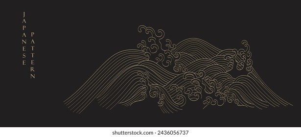  Japanese black background with hand drawn wave elements vector. Gold line pattern with ocean object in vintage style.