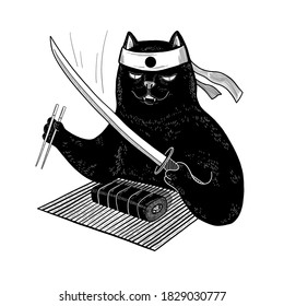 Gato negro japonés comiendo sushi con palillos. Gato vector samurai con katana para diseño, camiseta, impresión, afiche