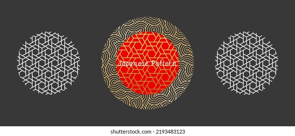 Japanese black gold pattern, New Year texture illustration, geometric icon set, line art background