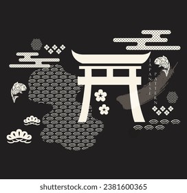 Japanese black and white background with Asian traditional icon vector.Gate, carp fish, cherry blossom flower, wave pattern, bamboo elements. Geometric pattern in vintage style.