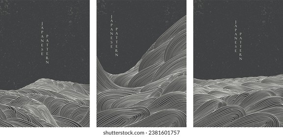 Japanese black and white background with hand drawn line wave pattern vector. Abstract art banner with geometric pattern. Mountain forest template design in oriental style