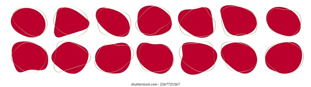 Japanese blob shape abstract red color with gold line vector illustration isolated on transparent background. Set of irregular round blot form graphic element. Doodle drops with outline circle